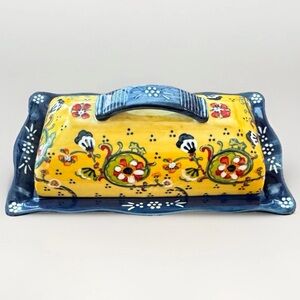 Anthropologie Lyna Covered Butter Dish Yellow and Blue Floral Ceramic EUC
